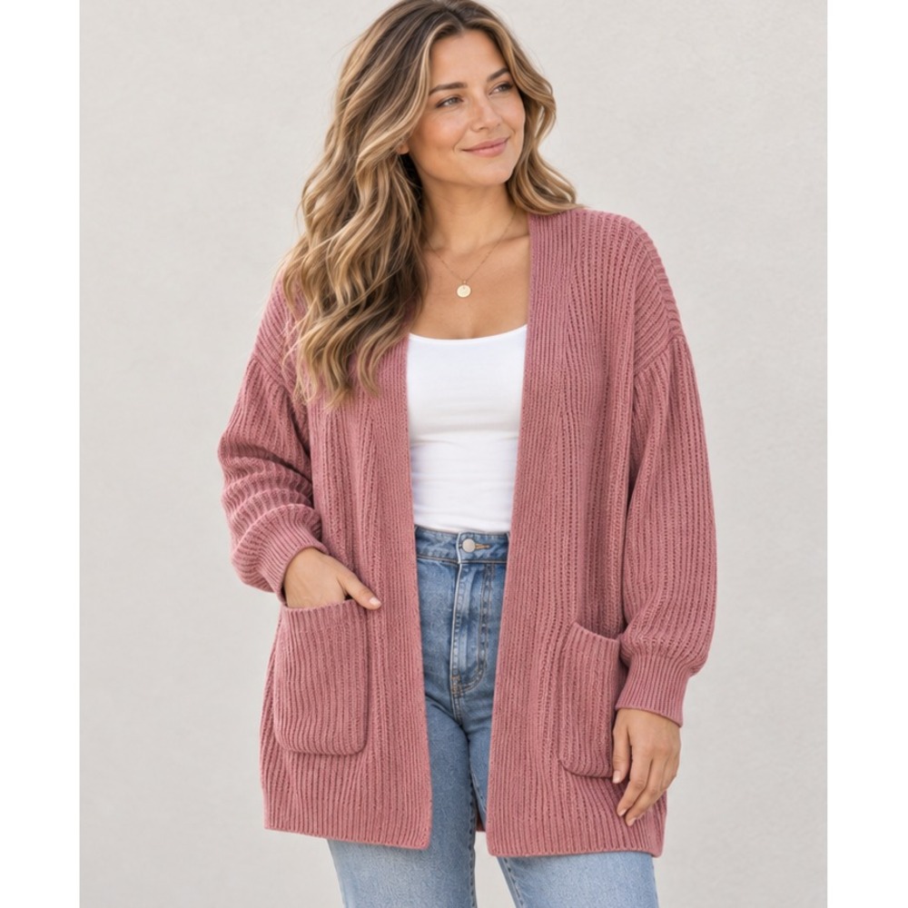 Madewell 2X Nolan 100% Cotton Ribbed Open Front Cardigan Dusty Pink Oversized